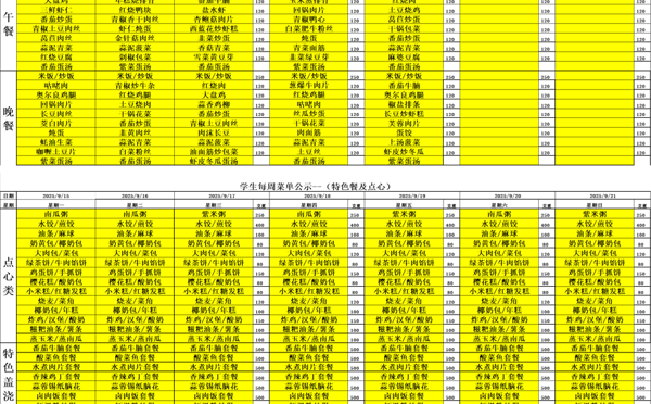 天一中学一楼、二楼餐厅菜单公示20250915