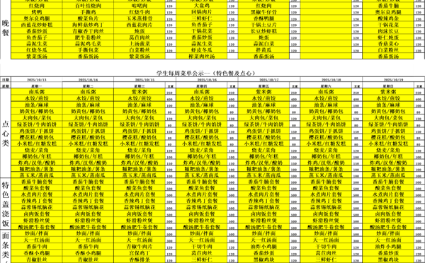 天一中学一楼、二楼餐厅菜单公示20251013