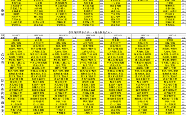 天一中学一楼、二楼餐厅菜单公示20251027