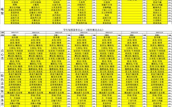 天一中学一楼、二楼餐厅菜单公示20251103
