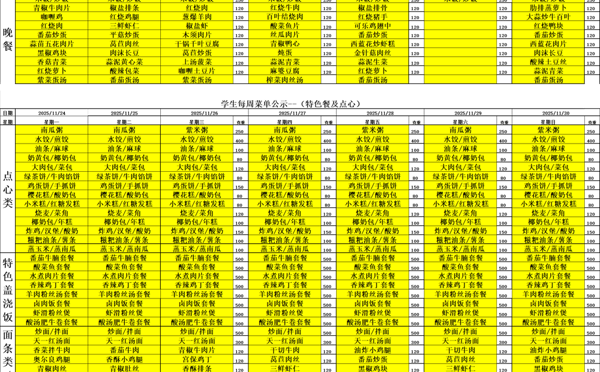 天一中学一楼、二楼餐厅菜单公示20251124