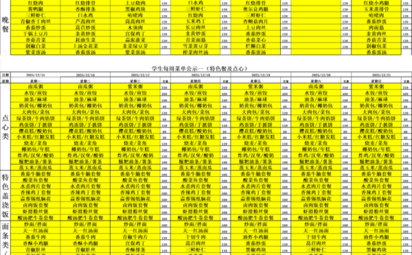 天一中学一楼、二楼餐厅菜单公示20251215