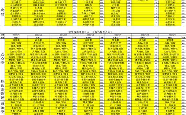 天一中学一楼、二楼餐厅菜单公示20260105