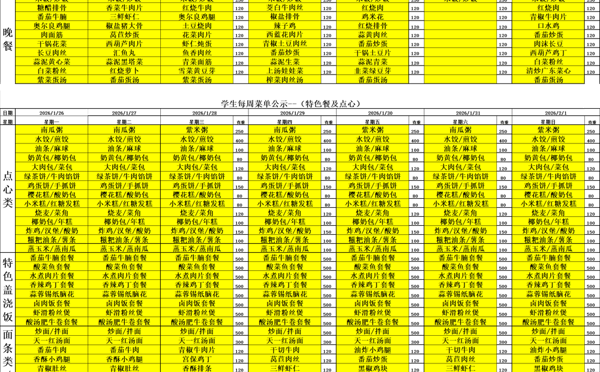 天一中学一楼、二楼餐厅菜单公示20260126