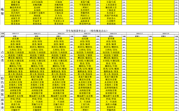 天一中学一楼、二楼餐厅菜单公示20260202