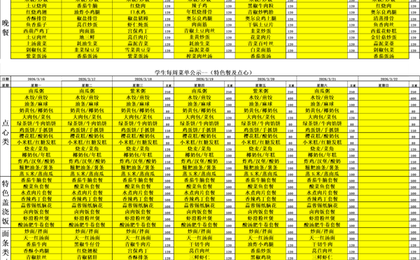 天一中学一楼、二楼餐厅菜单公示20260316