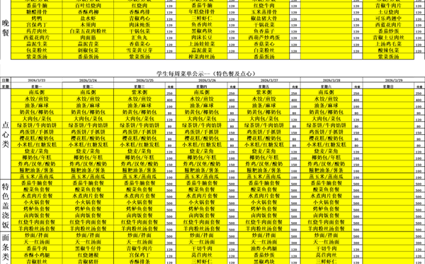 天一中学一楼、二楼餐厅菜单公示20260323