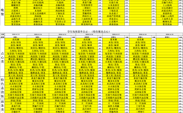 天一中学一楼、二楼餐厅菜单公示20260413