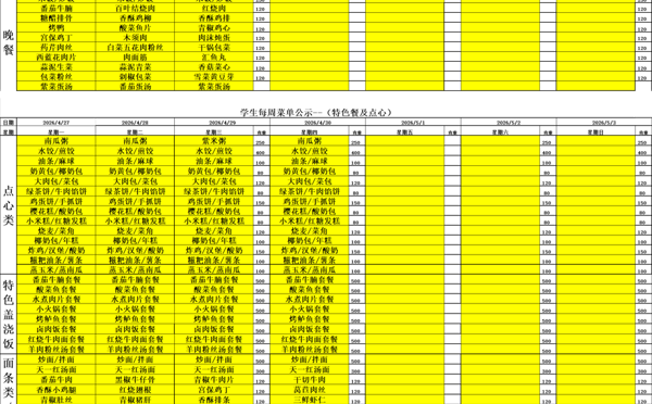 天一中学一楼、二楼餐厅菜单公示20260427