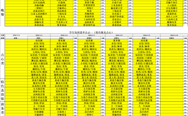 天一中学一楼、二楼餐厅菜单公示20260505