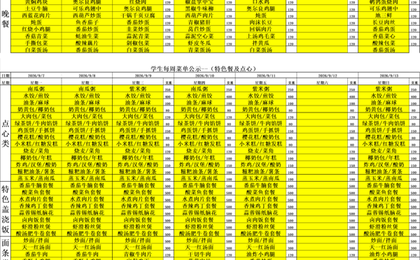 天一中学一楼、二楼餐厅菜单公示20260907
